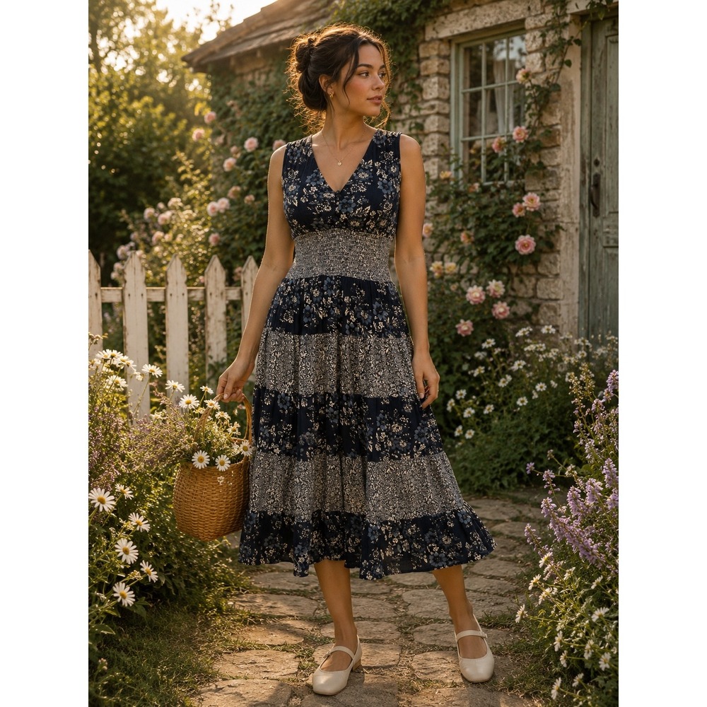 J Glee Cottagecore Floral Patchwork Midi Dress petite medium Smocked Boho Blue